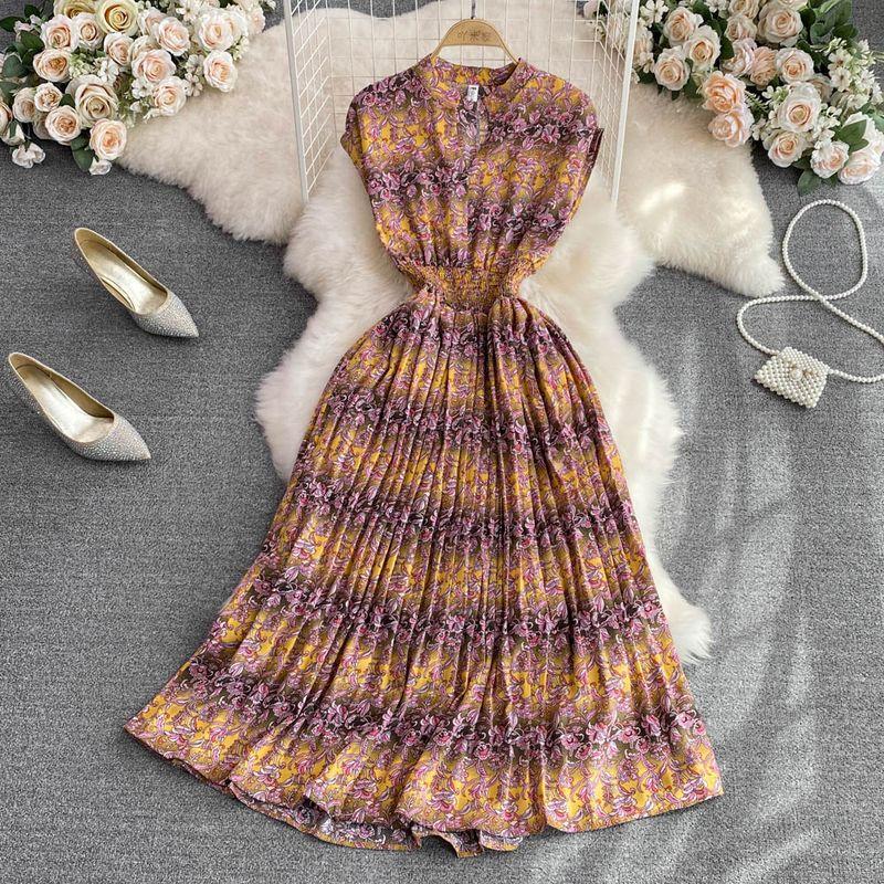 

Artsy Retro V-neck Tightening Noil Poplin Dress Orange All yards