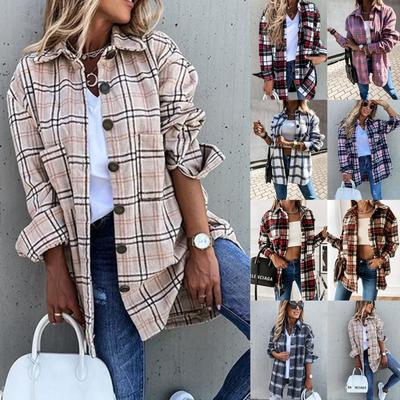 Damenmode, lässig, karierte Jacke, Langarm, Revers, Button-Down-Hemden, Shacket-Mantel