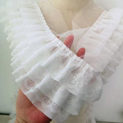 13cm Wide Chiffon Mesh Fabric Three Layers 3D Pleated Chiffon Lace Edge Embroidered Tulle Lace Fabric