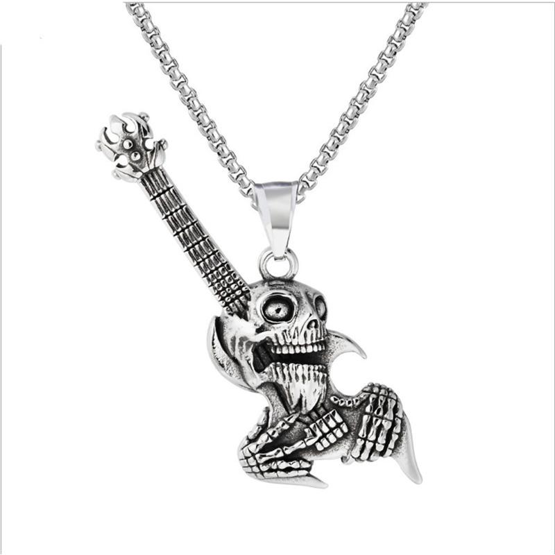 Nouveau Collier Crâne Ethnique Guitare Horreur Rétro Moto Pendentif pour Hommes et Femmes