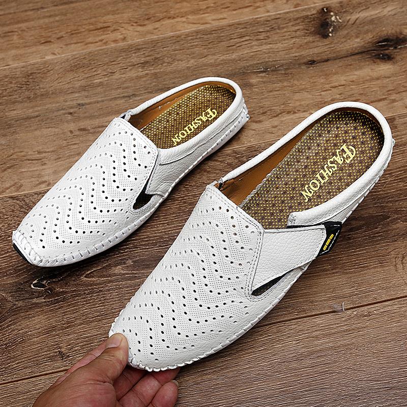 Fashion Summer New Genuine Leather Mens Half Slippers Breathable Casual Mules shoes Lightweight classic Non-slip driving flats Moccasins