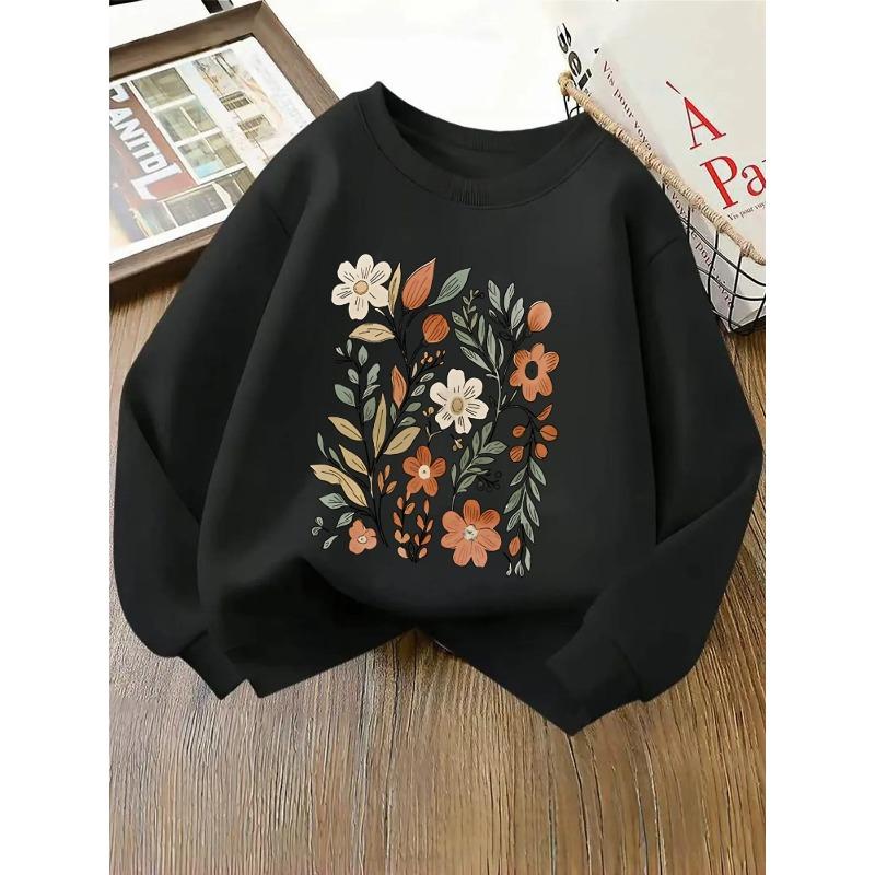 Girls' Crewneck Sweatshirt - Floral Pattern with Warm Tones And Machine Washable, Spring And Autumn, Sportswear And Casual Wear, Soft And Comfortable
