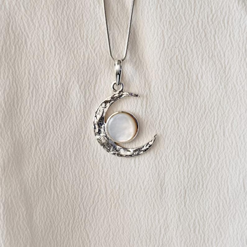 Mother Of Pearl Pendant Moon Celestial Necklace 925 Sterling Silver Pendant For Mother Wife Or Fiance