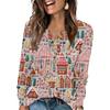 Women's Fashion V-Neck Button-Up T-Shirt With Christmas Print Long-Sleeved Top