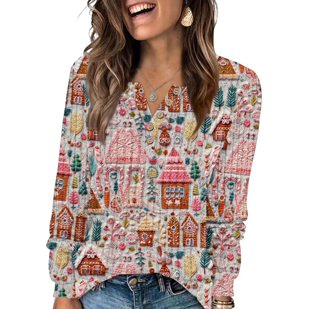 Women's Fashion V-Neck Button-Up T-Shirt With Christmas Print Long-Sleeved Top