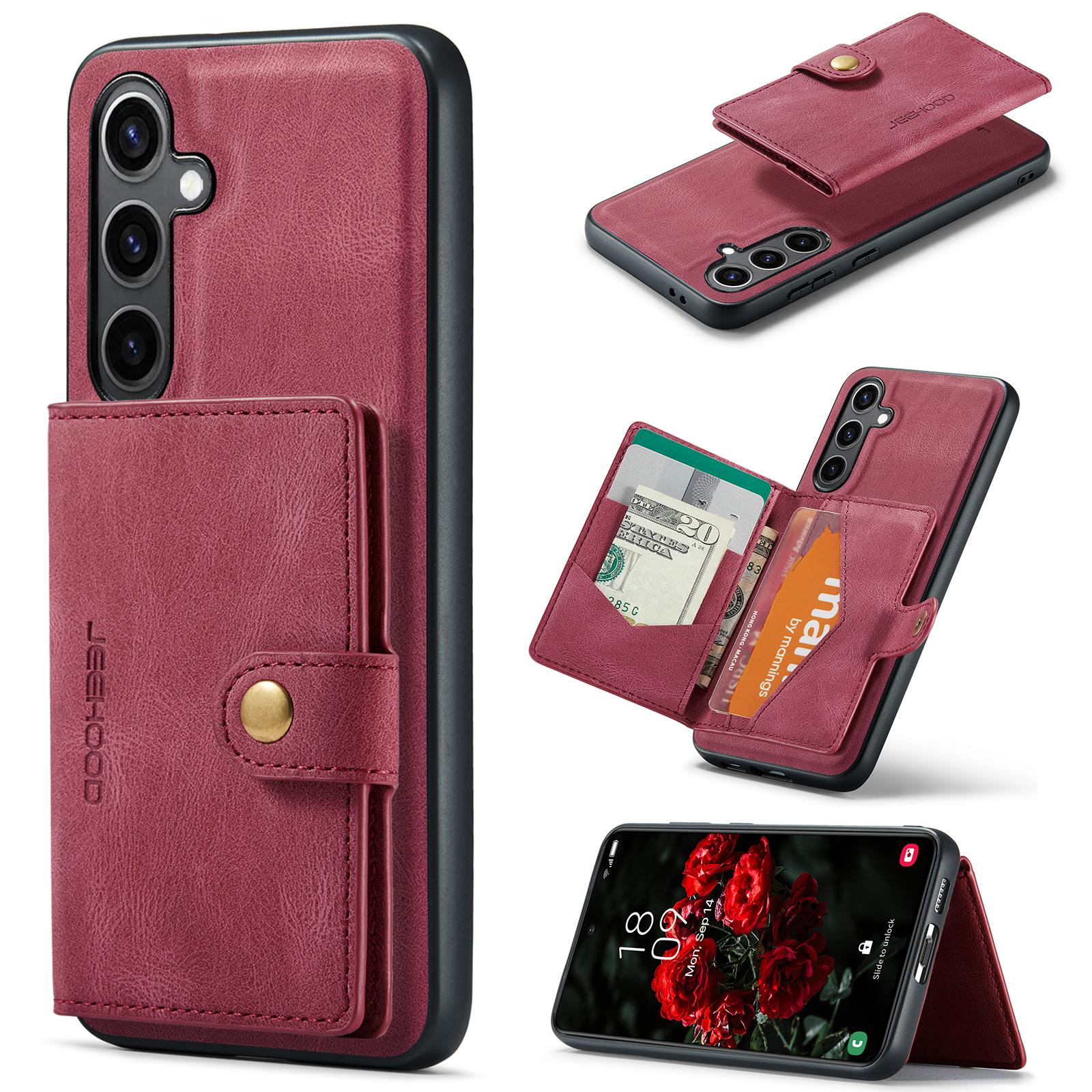 

For Samsung Galaxy S25+ Case JEEHOOD J01 Retro Leather Phone Back Cover with Detachable Magnetic Card Holder Red