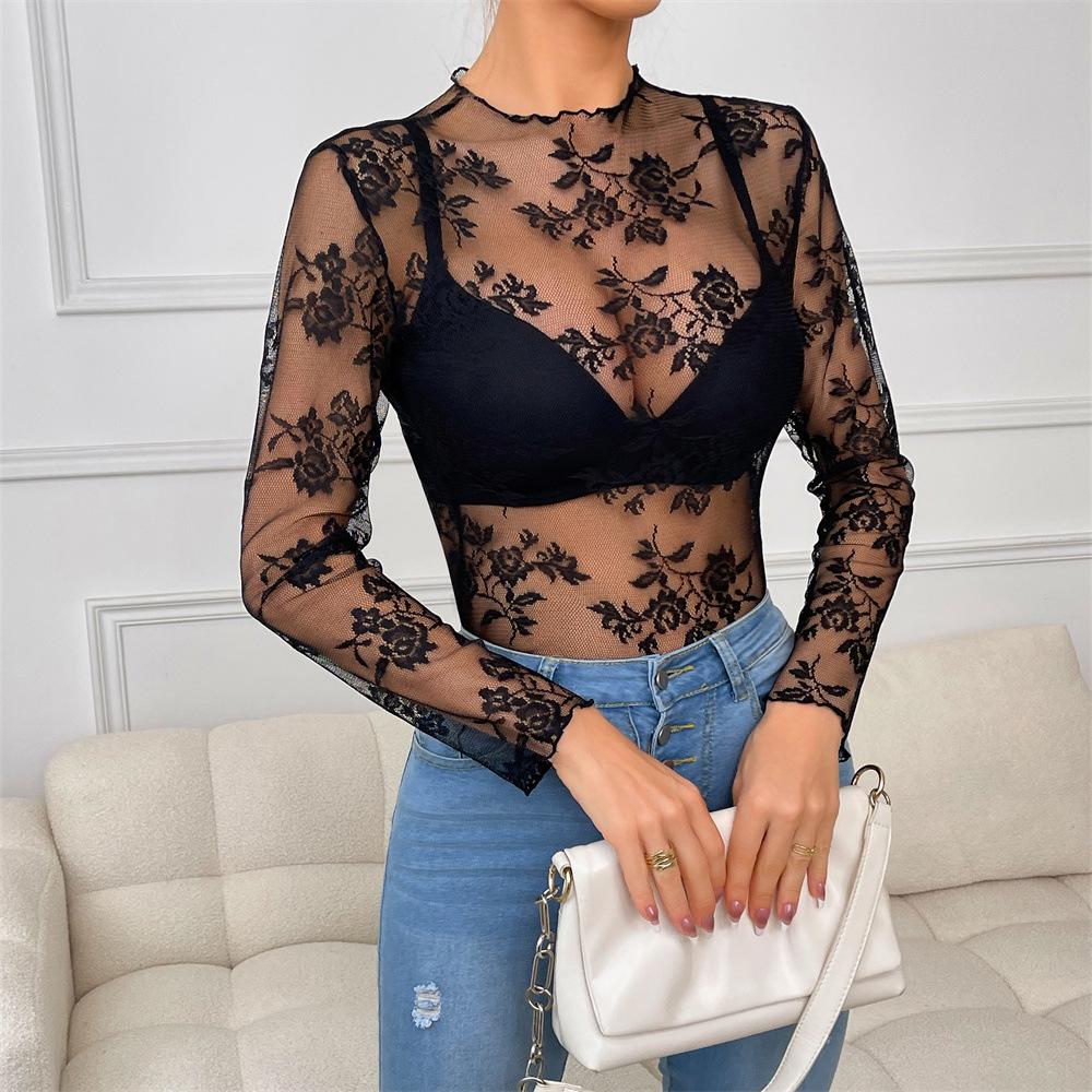 

Топ с кружевными вырезами и прозрачными длинными рукавами для женщин, 2025 XXL