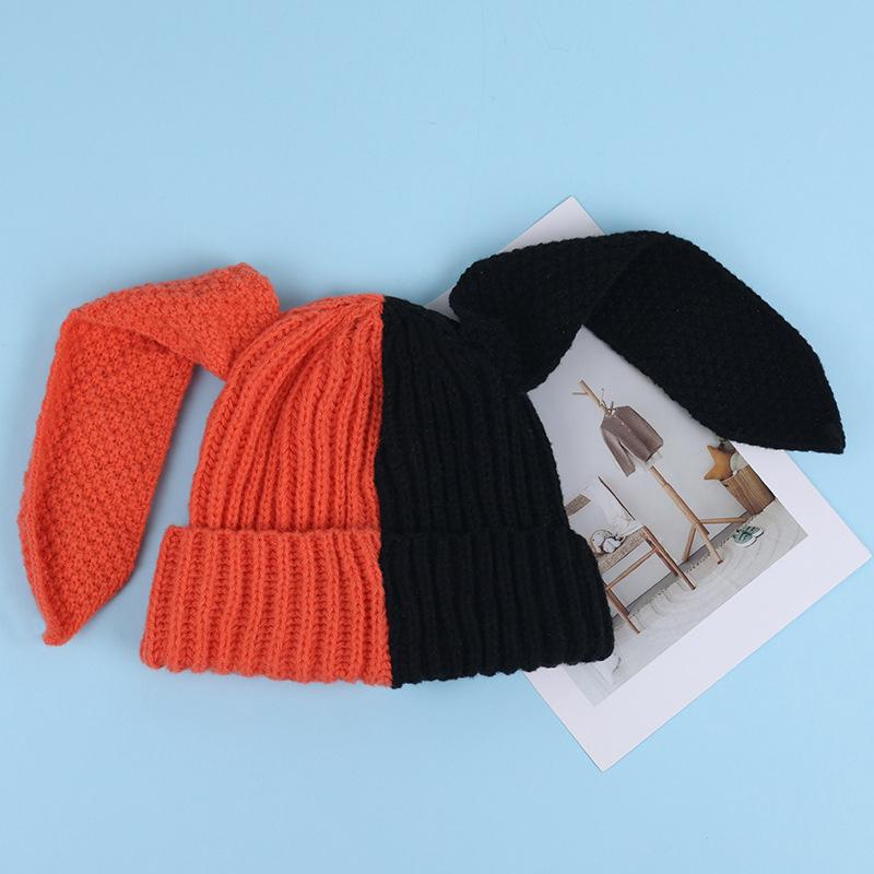 

Korean Cute Contrast Color Rabbit Ear Knitted Hat Winter Keep Warm Beanie For Women as the picture