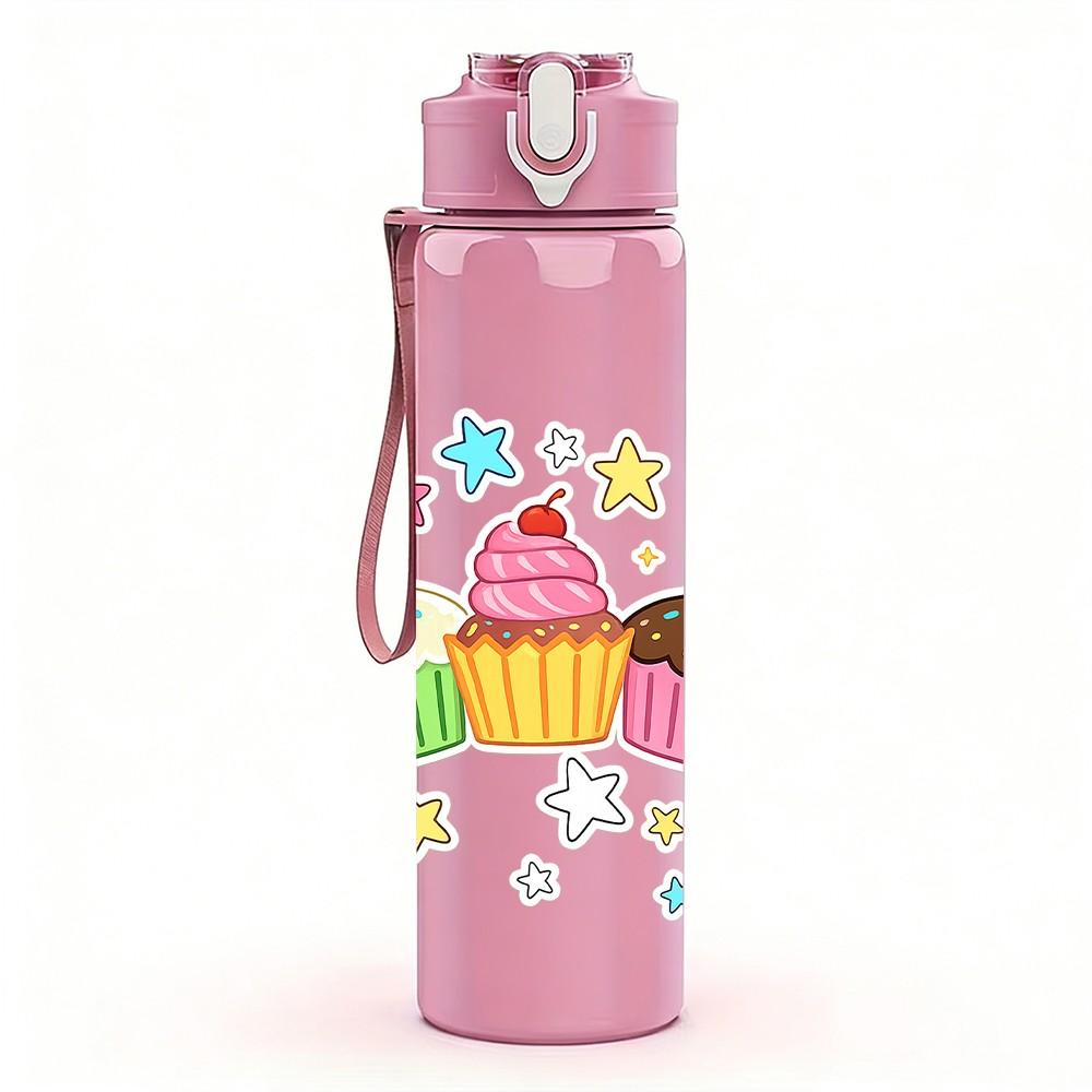 1PC Cupcake Birthday Party Dessert Print 750ml Color Plastic Sports Water Bottle Leakproof Flip Straw Lid Suitable for Sports Office Home Use