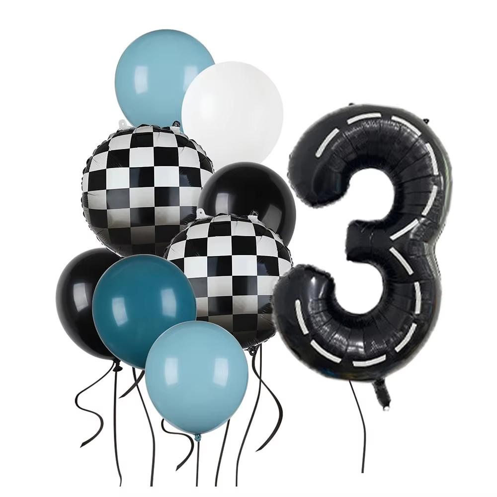 9pcs Race Car Balloons Set Checkered Balloon Blue Black Latex Balloon Boy One Happy 1st 2nd Vintage Two Fast Theme Party Decor