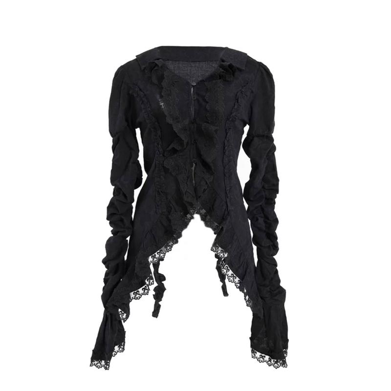 Lolita Vintage Gothic Lace Shirts Women Y2k Dark Aesthetic Irregular Blouses Yamamoto Style Grunge Flare Sleeve Shirt
