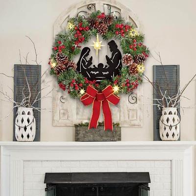 Nativity Decorative Wreath Christmas Jesus Wreath Red Pine And Bow Tie Pendant LED Decorative