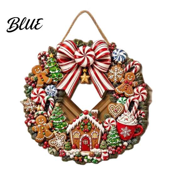 Christmas Gift for Home Gingerbread Man Wreath Wooden Sign Front Door Retro Hanging Plaque with Holiday Theme Wall Candy Cane Bow And House