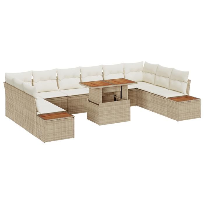 VidaXL Ensemble de Dîner de Jardin 11 Pièces avec Coussins Beige Poly Rotin Acacia 3350108