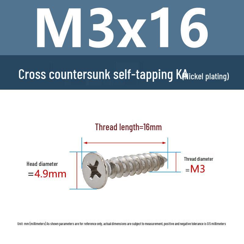 YiguYigu Nickel-Plated Phillips Flat Head Self-Tapping Screws M1-M5, Carbon Steel