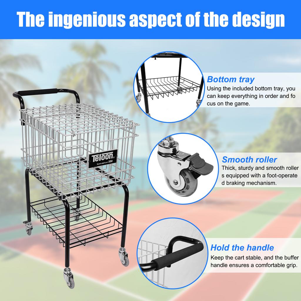 Tennis Ball Pickup Storage Cart W/ Wheel Foldable Tennis Cart Holds 350 Balls Wheeled Tennis Ball Hopper Basket Carrier Gatherer