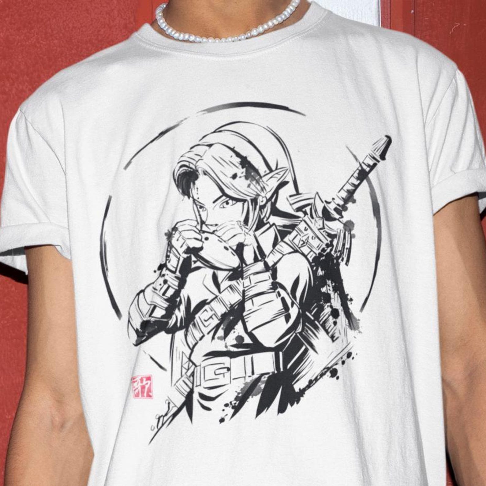 Link Ocarina Ink Art Tee - Legend of Zelda Tshirt,Ocarina Time Gift 2XL