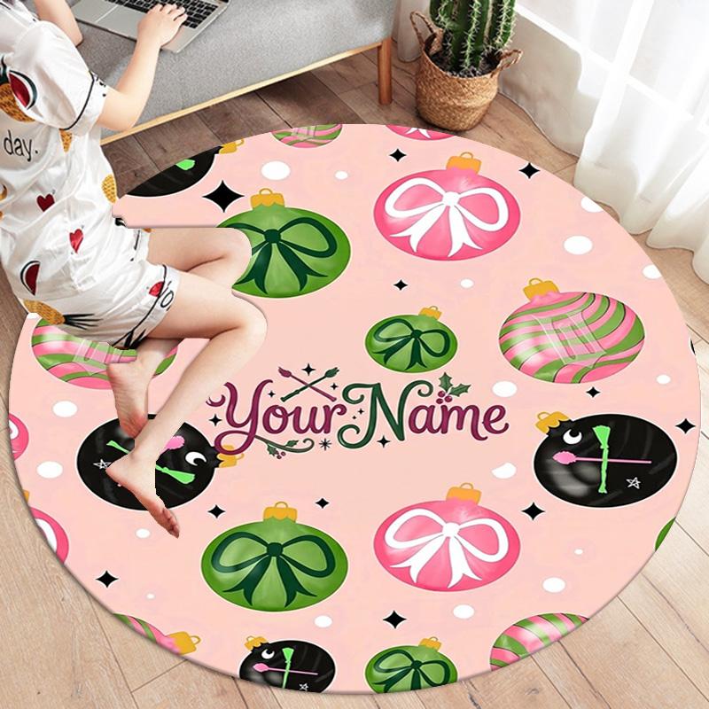 Christmas Baubles Theme Custom Name Round Area Rug Carpet Rug For Living Room Bedroom Sofa Playroom Decor Nonslip Floor Mat
