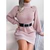 High Neck Long Sweater Damen Casual Strickkleid Geschenk Gürtel Einfarbig Pullover Verdickt Warm Loose Casual Pendler Gestricktes Basishemd Herbst Winter