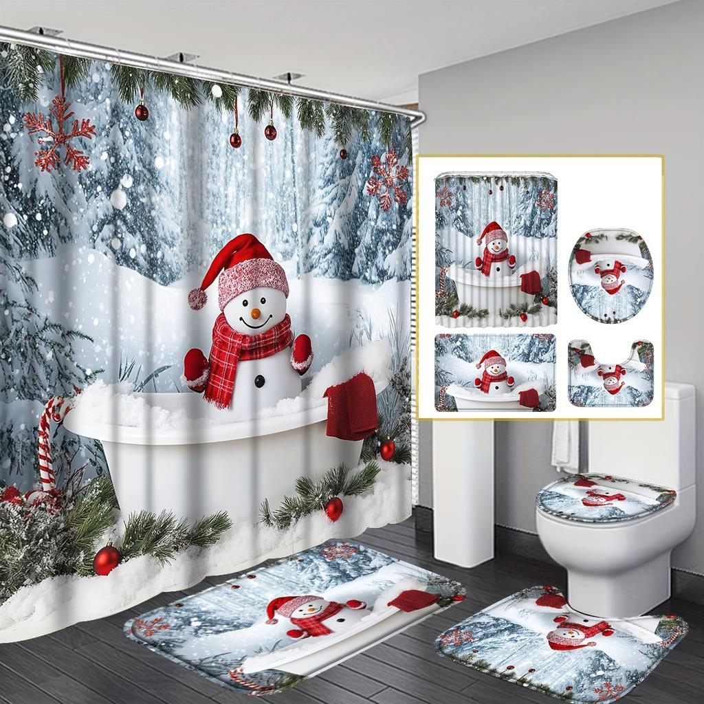 4Pcs Bathroom Shower Curtain Set Christmas Bathroom Curtain With 12 Hooks Non Slip Rugs Toilet Cover Mat Bathroom Partition