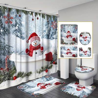 4-teiliges Badezimmer-Duschvorhang-Set Weihnachts-Badezimmervorhang mit 12 Haken Rutschfeste Teppiche Toilettendeckelmatte Badezimmerabtrennung