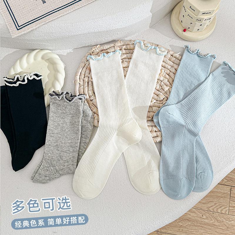 White Fungus Edge Socks Ballet Summer Thin Legs Breathable Contrasting Colors Lace Princess Wind Stacked Medium Tube Socks Thin