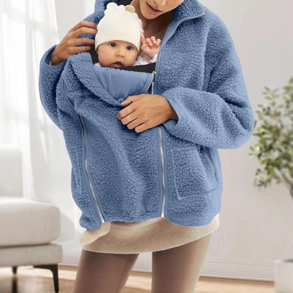 Women's Fashionable Oversized Matching Family Set: Kangaroo- Mother-and-Child One-Piece Solid-Color Shearling Coat