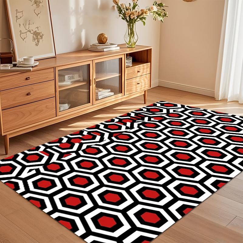 Red Black White Geometric Hexagon Area Rug for Living Room Bedroom Retro Mid-Century Modern Home Decor Soft Non Slip Floor Mat
