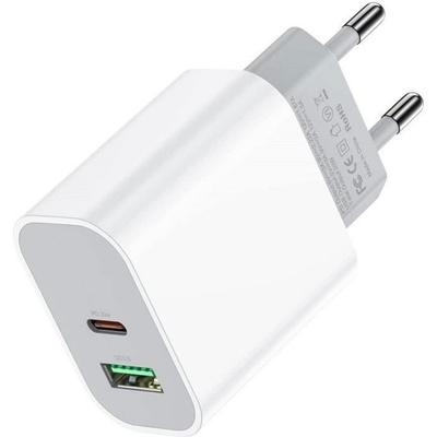 Szybka ładowarka USB-C 20W - ROHS - 2 porty PD/QC3 - Biała - Szybkie ładowanie - Kompatybilna ze smartfonami