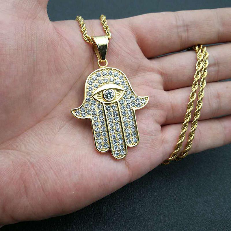 Gold-Plated Titanium Steel Hand of Fatima Hip Hop Pendant Necklace with Diamond Inlay