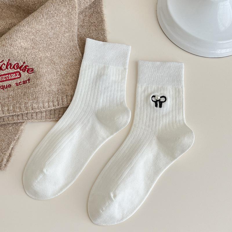 

Female Spring and Autumn Pearl Bow Sweet Boneless Mid Tube Pile Pile Sock 1 pair