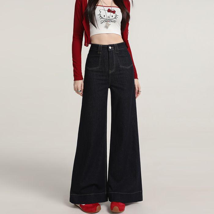 American wide-leg slightly pulled jeans women's autumn high waist drape niche front pocket hips wide-leg flared pants