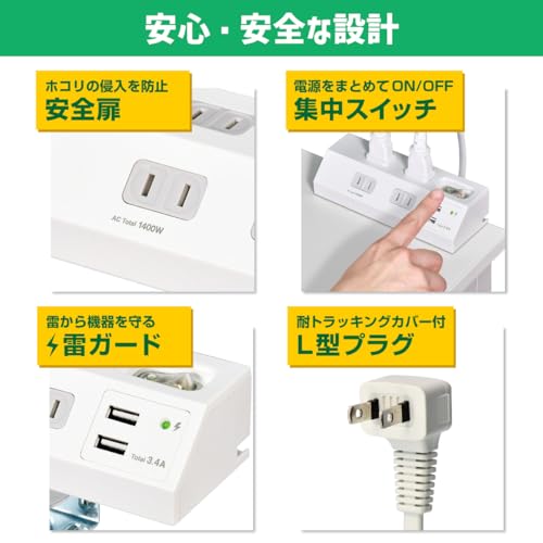 ELPA Desktop Power Strip with USB, Clamp Mount, Centralized Switch, and Lightning Guard (WLS-DS4232SUA(W))