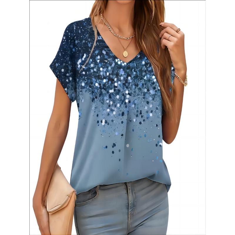 2026 New Summer Women T-shirt 3d Fashion Print Gradient Harajuku T Shirt Oversized Tee For Ladies Clothing New Short Sleeve V-Ne
