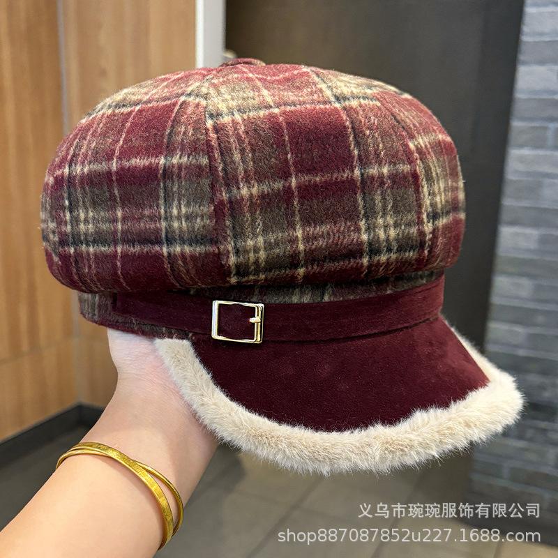 Retro plaid octagonal hat women's winter woolen thickened warm newsboy hat, versatile temperament and face small painter hat