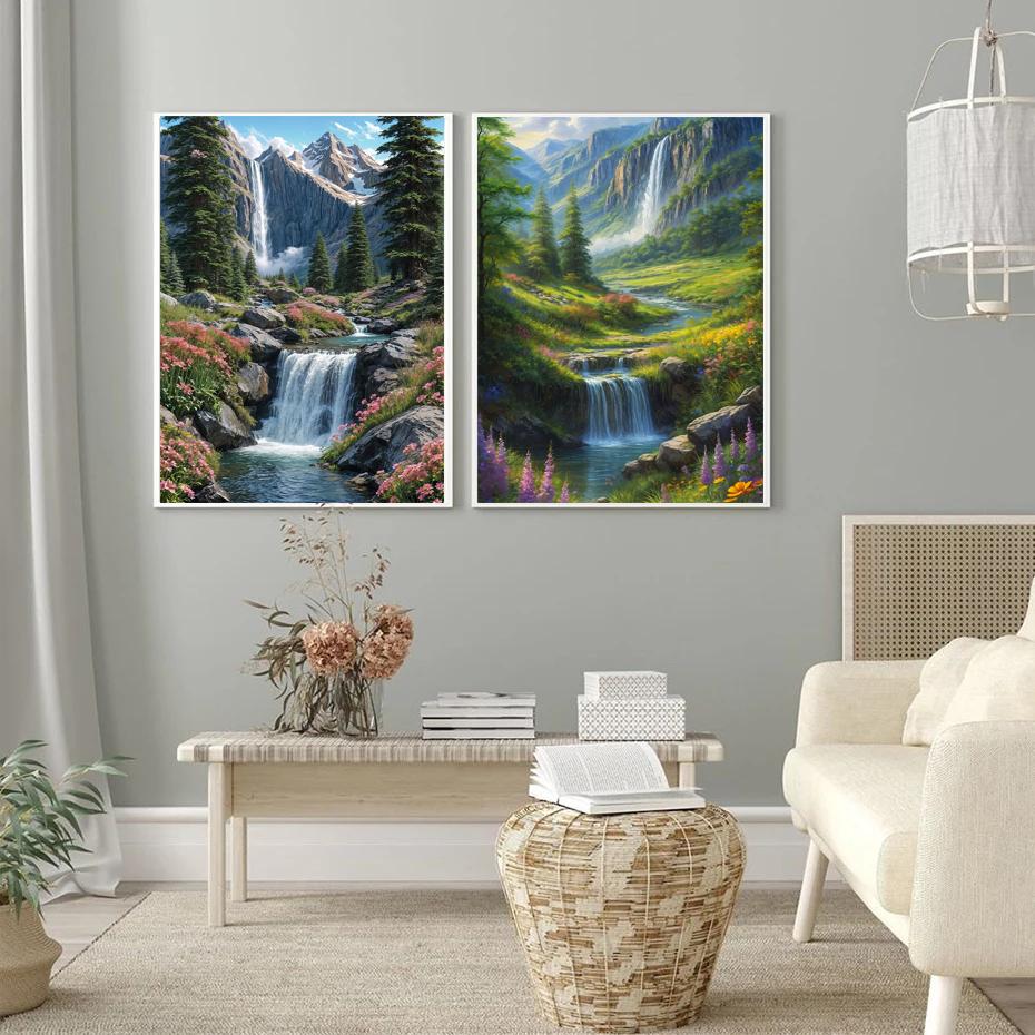 Peisaj Natural Pădure Floare Colibă Pârâu Cascadă Copaci Vedere Munte Poster Pictură pe Pânză Artă de Perete Imagini Decor Acasă