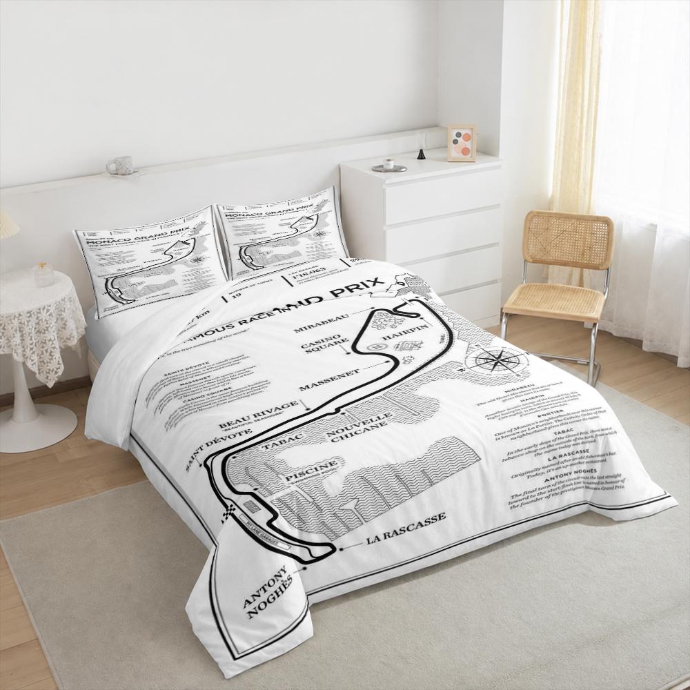 Monaco Grand Prix Circuit Map Bedding set (1 duvet cover, 2 pillowcases, duvet not included), Black and White F1 Track Infographic Art Print