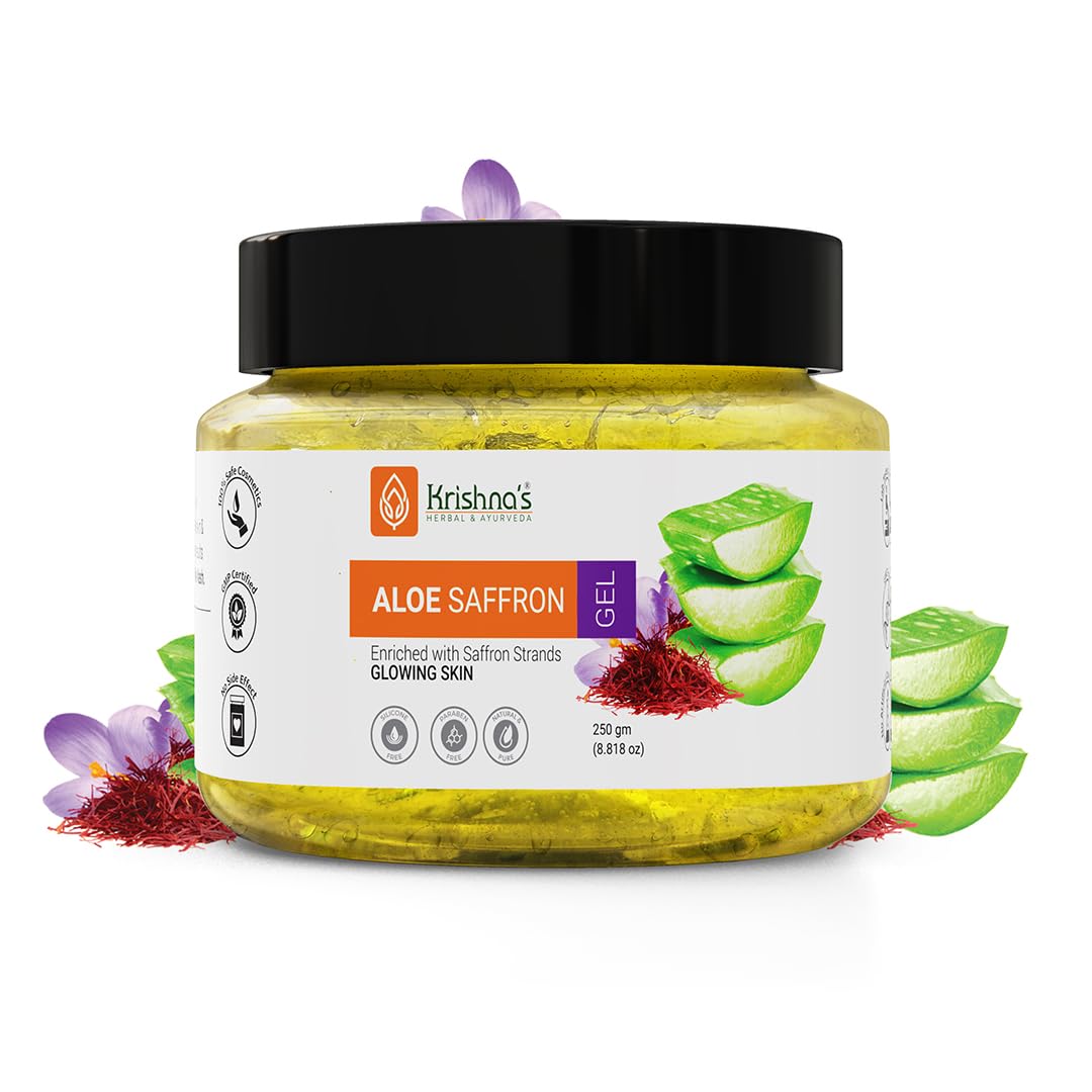 KRISHNA S HERBAL & AYURVEDA Гель Алоэ Вера Шафран Для Акне, Шрамов, Сияющей и Светящейся Кожи | Гель с Алоэ Вера и Шафраном Для Лица | Лучший Гель Алоэ Вера Для Лица
