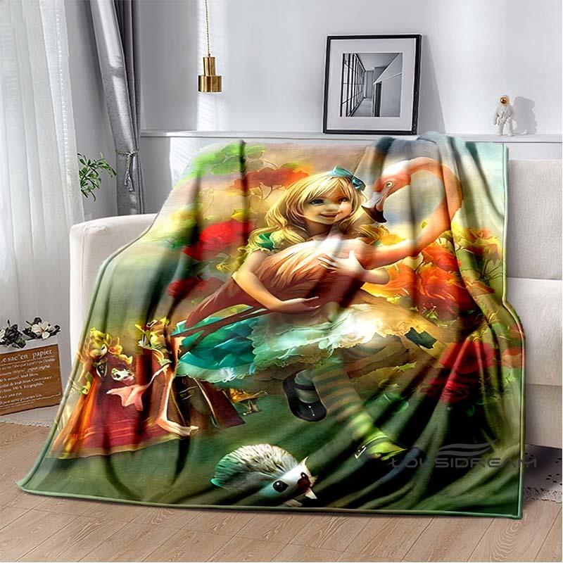 Alice in Wonderland Cartoon Print Plush Blanket, Extra Large Size, Warm and Comfortable, Suitable for Bed and Sofa Decoration.