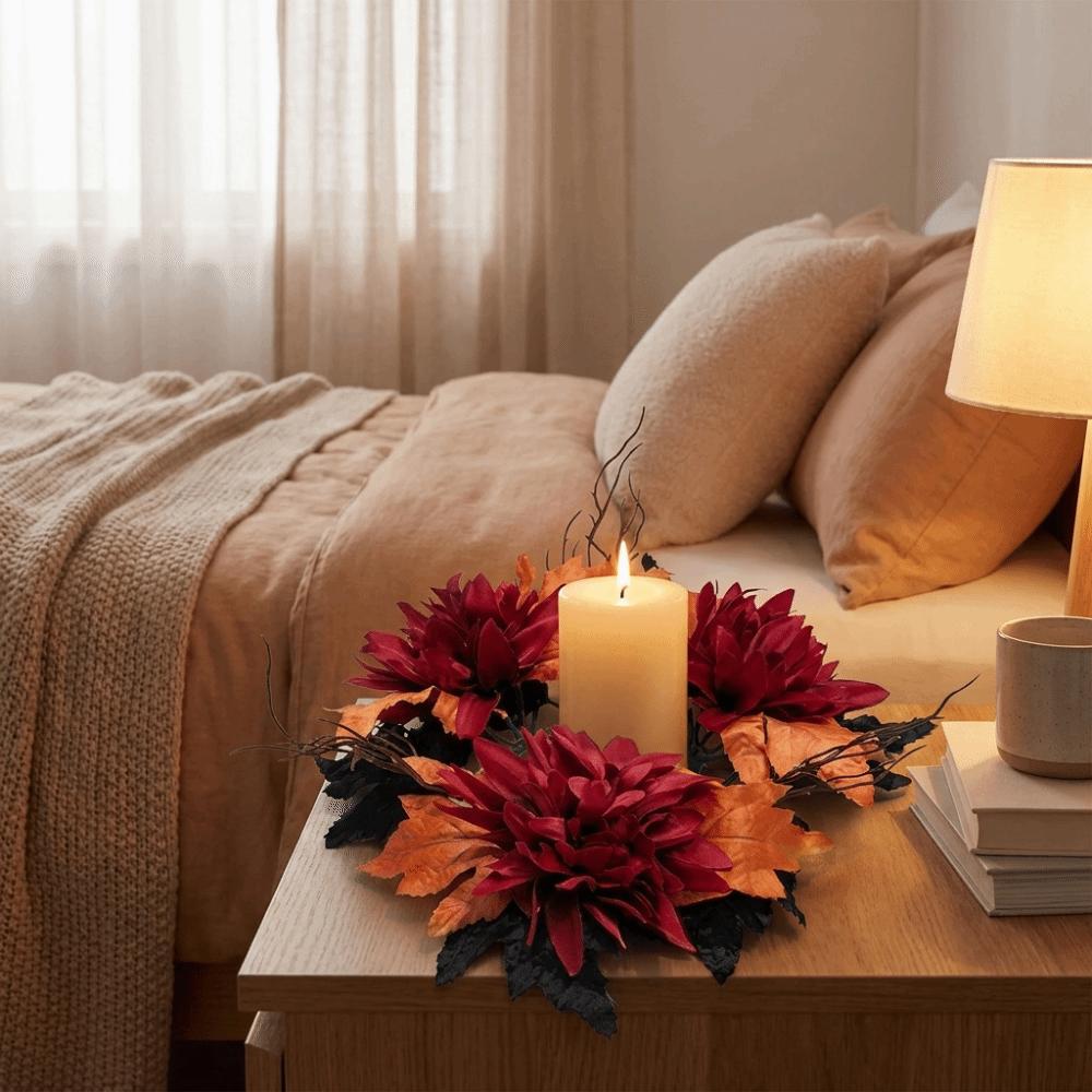 Halloween Theme Maple Leaf Candle Holder Wreath Handmade Pillar Ring Wreath Fireplace Decoration