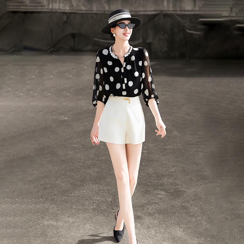 Elegant French Style Polka Dot Three-Quarter Sleeve Blouse