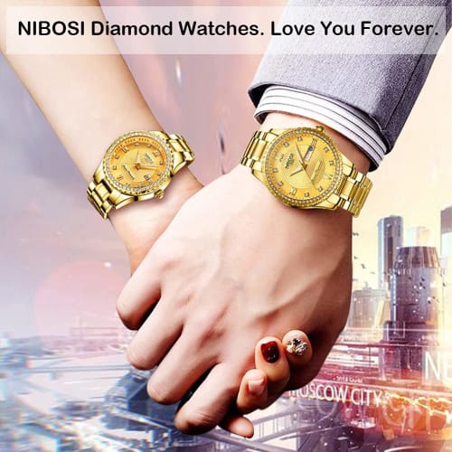 NIBOSI Women's Diamond Wristwatch, Waterproof, Analog Quartz Movement, Stylish, Casual, Business, Classic, Date Display, Fluorescent Gold, Stainless S