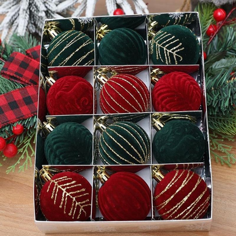 12 pezzi di decorazioni per l'albero di Natale in velluto, palline colorate dipinte, decorazioni festive per la casa e il matrimonio