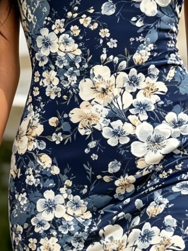 Summer Women's One Shoulder Midi Dress Floral Print Navy Blue Bodycon Sundress