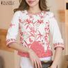 ZANZEA Women Casual Round Neck 3/4 Sleeve Loose Print Blouse