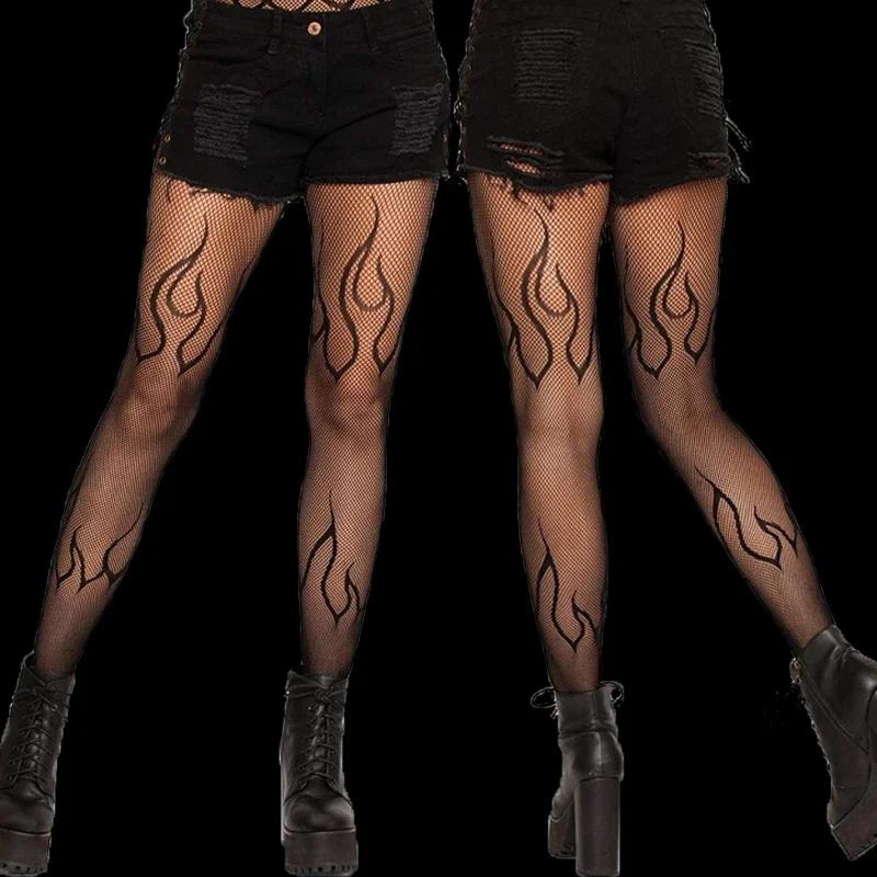 Yiran Sexy Lingerie Women's Black Hosiery Mesh Embroidery Flame Tights Slimming Leggings Plus Size Fire Stocking Sexy Seamless Gothic Hot Fishnet Pantyhose Cm