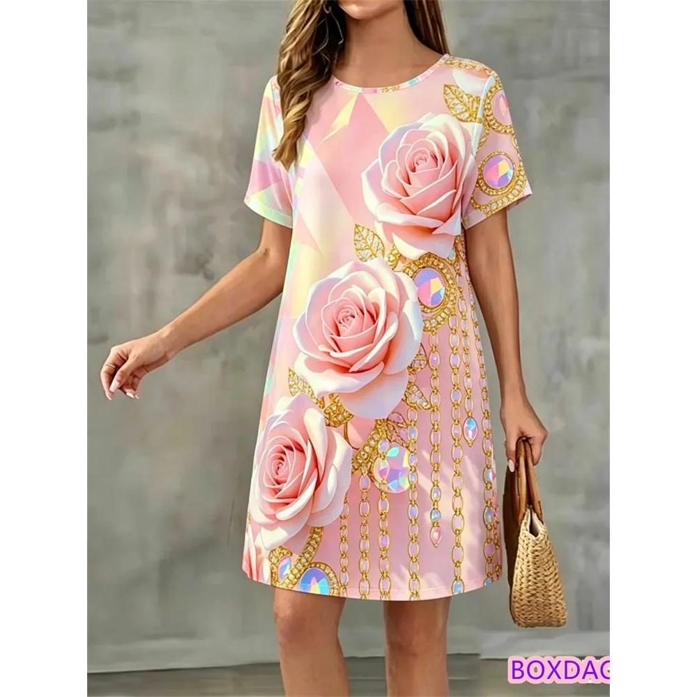 Flower Print Versatile Short-sleeved Dress Comfortable Simple Casual Dresses