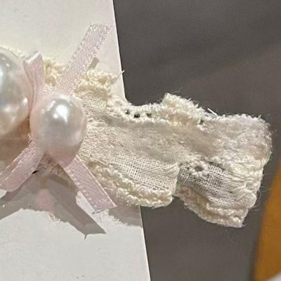 Girl Hairpin Mini Pink Bow Imitation Pearls Decor Soft Lace Hair Clip