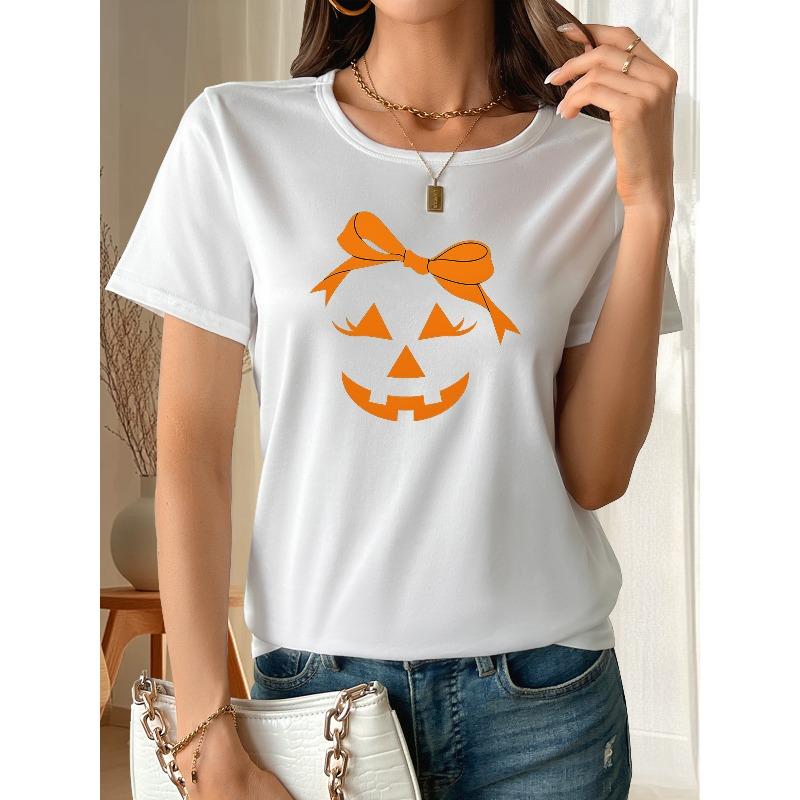 Smiling Pumpkin-themed Women s Short-sleeved Shirts, Women s Clothing, Round-neck Short-sleeved S T-shirts, S белый