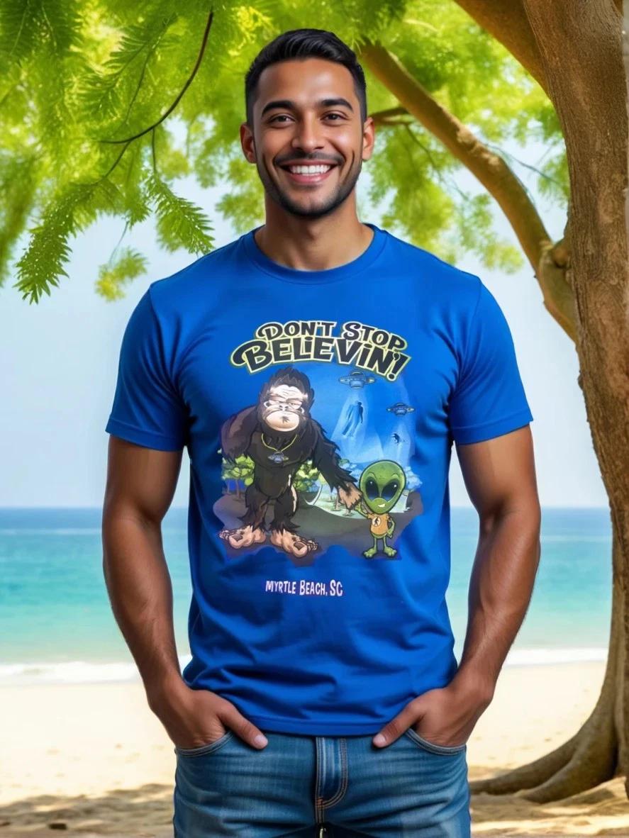 Bigfoot & Alien Don t Stop Believin! Funny T shirt Royal Blue Tee S